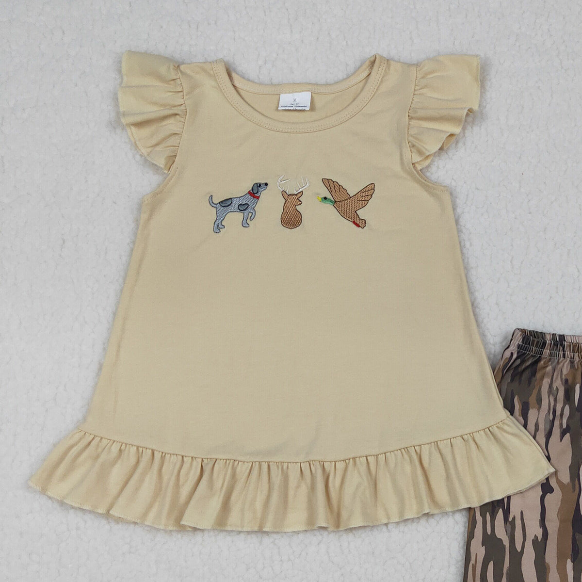 4.8 GSSO3335 RTS NO MOQ （In stock ）Dog deer duck embroidery top camo shorts girls outfits