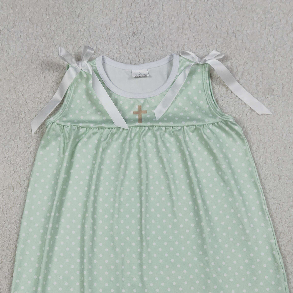 3.21 RTS NO MOQ （In stock）GSD2860 Kids Fashion Clothes Baby Girls Sleeveless Green Polka Dots Cross Easter Ruffle Knee Length Dresses