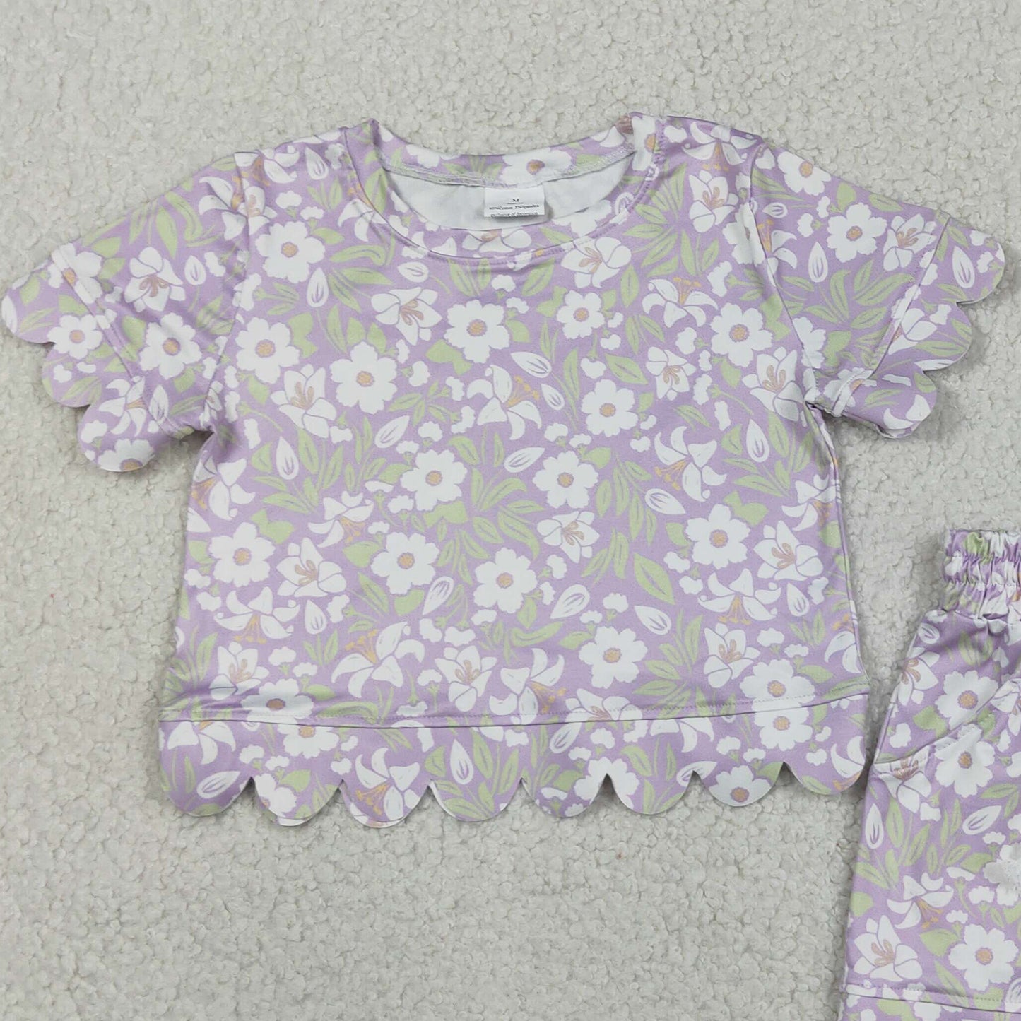 GSSO3265 RTS NO MOQ （In stock ）Lavender white floral scallop girls summer clothes