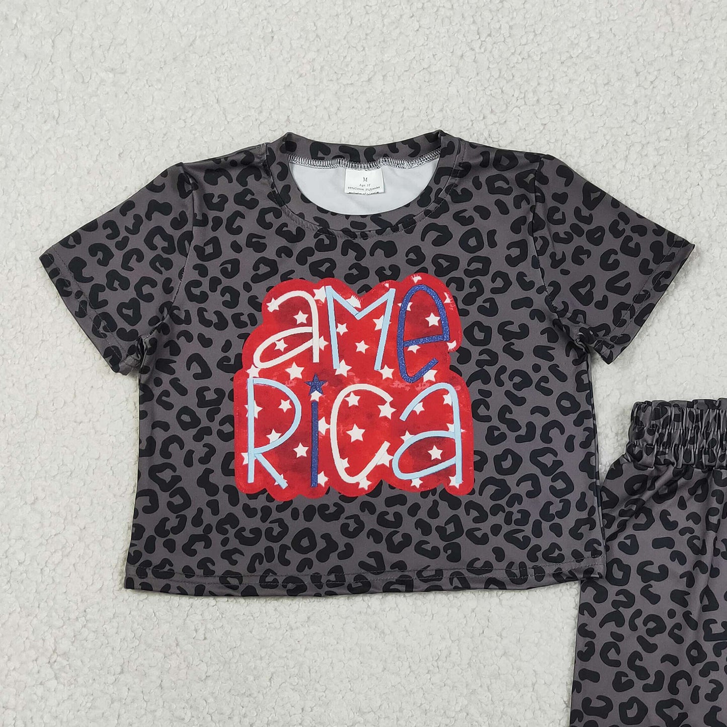 GSSO2576 RTS NO MOQ （In stock ）Short sleeves black leopard America girls 4th of july set