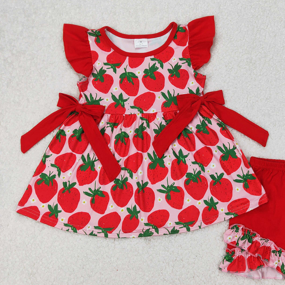 GSSO2023 RTS NO MOQ Flutter sleeves strawberry tunic red shorts girls clothes