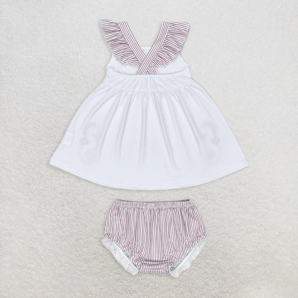 GBO0350 RTS NO MOQ Baby Girls Summer Outfits Baby Girls Sea Horse White Top Bummie Sets