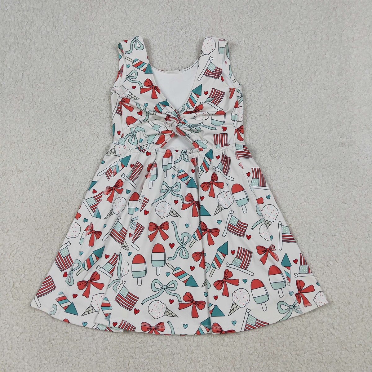 3.31 RTS NO MOQ （In stock） GSD3750 Sleeveless popsicle bow flag girls 4th of july athletic dress