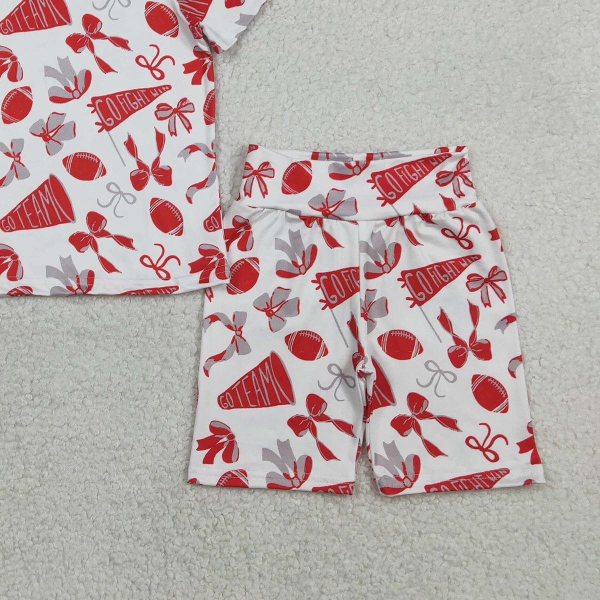 1.23 RTS NO MOQ （In stock）GSSO2727 Baby Girls Red Grey Bow Footballs Top Shorts Go Team Pajamas Clothes Set