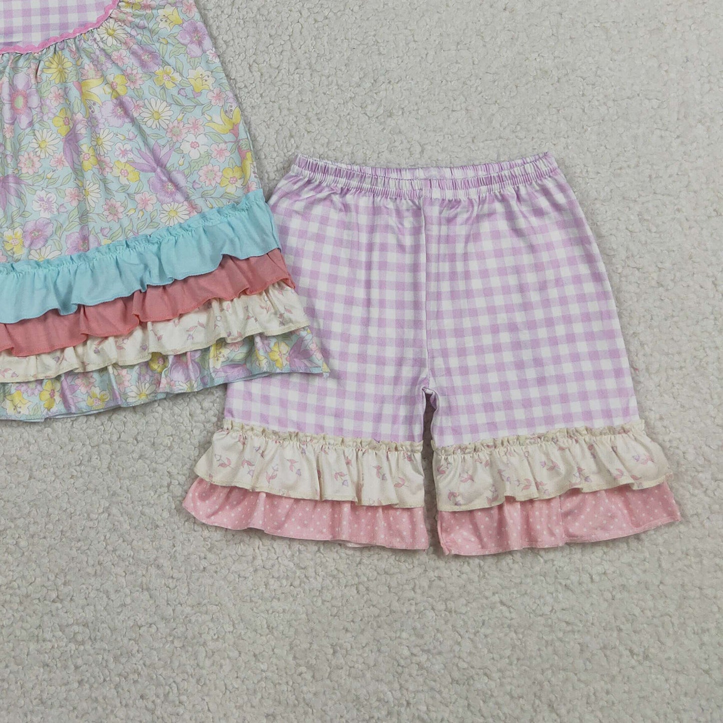 GSSO3485 RTS NO MOQ （In stock ）Flutter sleeves floral ruffle tunic plaid shorts girls outfits