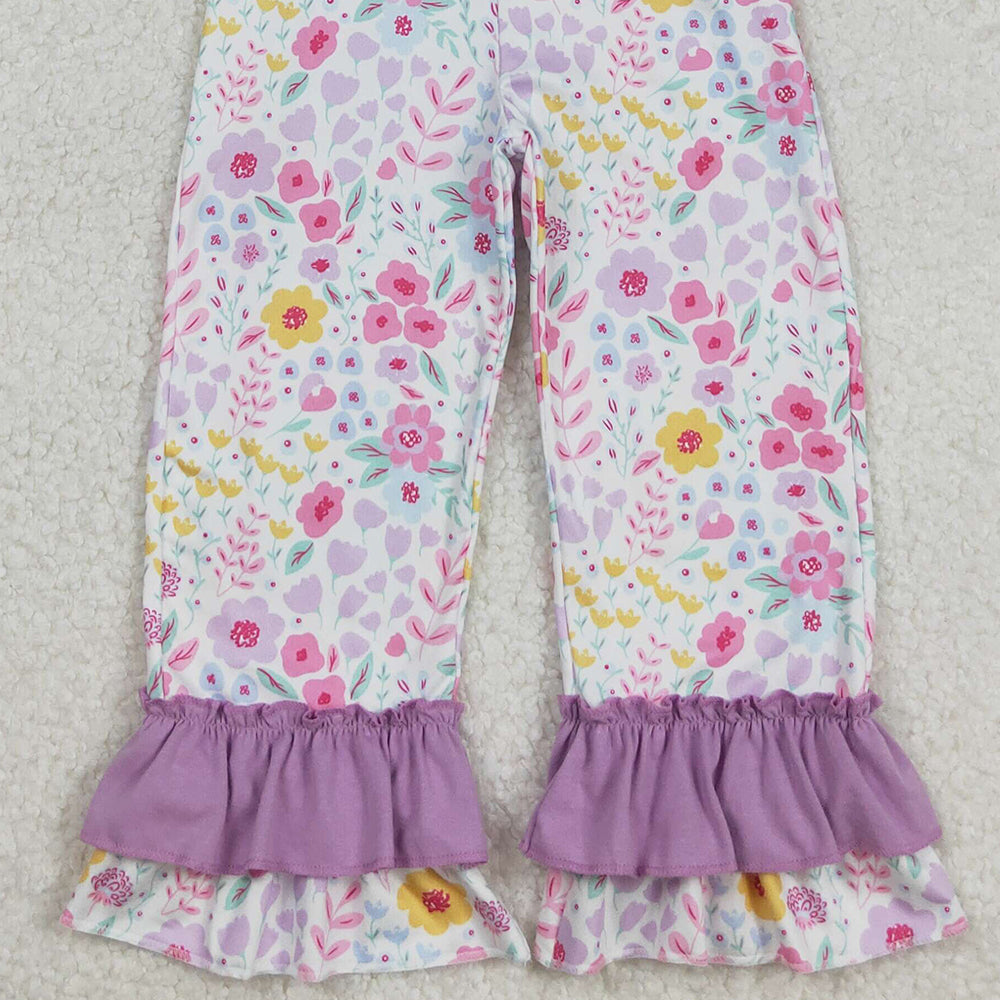 RTS NO MOQ （In stock）SR3177 Baby Girls Summer Jumpsuits Embroidery Baby Girls Lavender Strap Ghost Pumpkins Floral Ruffle Pant Jumpsuits