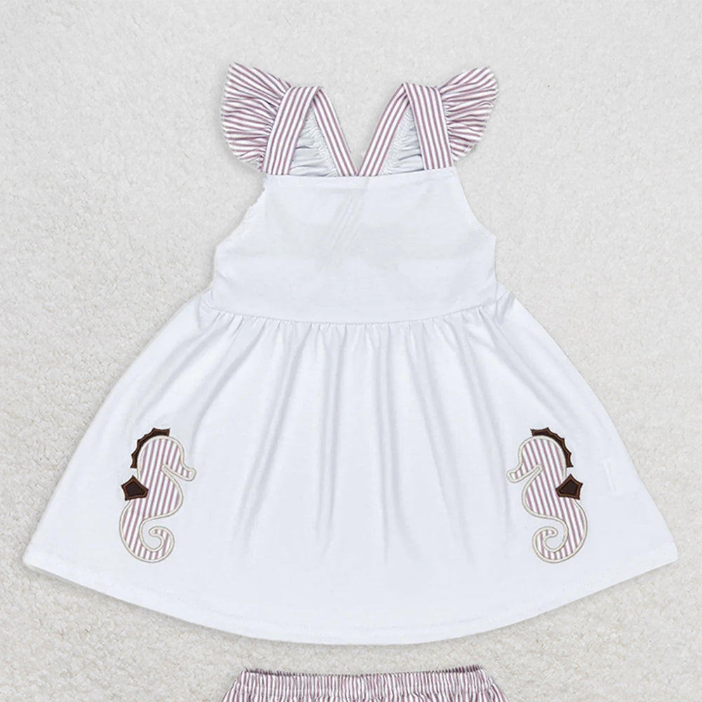GBO0350 RTS NO MOQ Baby Girls Summer Outfits Baby Girls Sea Horse White Top Bummie Sets