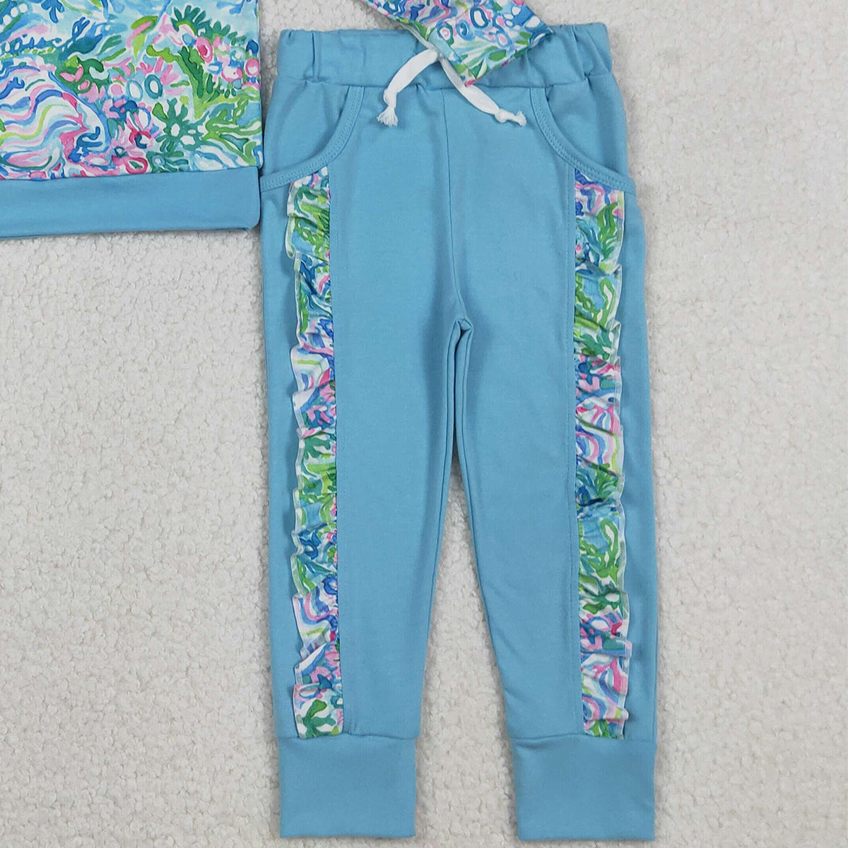 12.4 RTS NO MOQ （In stock）GLP2832 Baby Girls Blue Watercolor Floral Top Pockets Ruffle Jogger Pants Clothes Sets