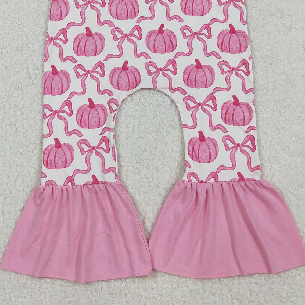 RTS NO MOQ （In stock）SR3200  Baby Girls Summer Jumpsuits Pink Strap Bows Pumpkins Plaid Bell Bottom Fall Jumpsuits