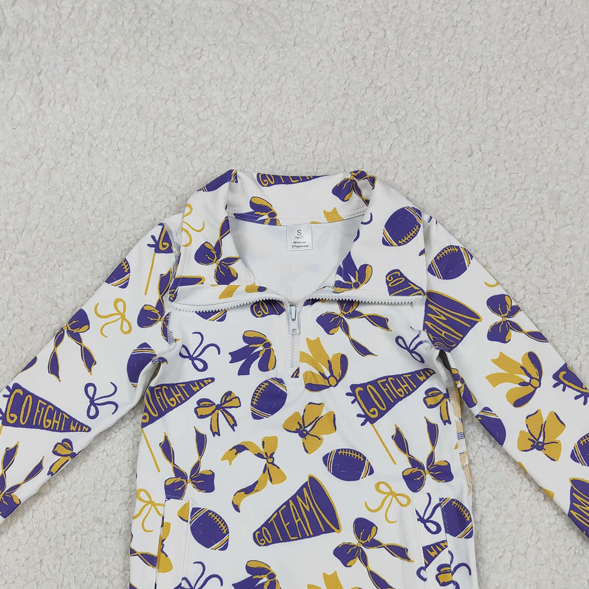11.11 RTS NO MOQ （In stock）GT1226 Baby Girls Purple Yellow Bows Footballs Go Team Yoga Active Zipper Pockets Pullovers Top