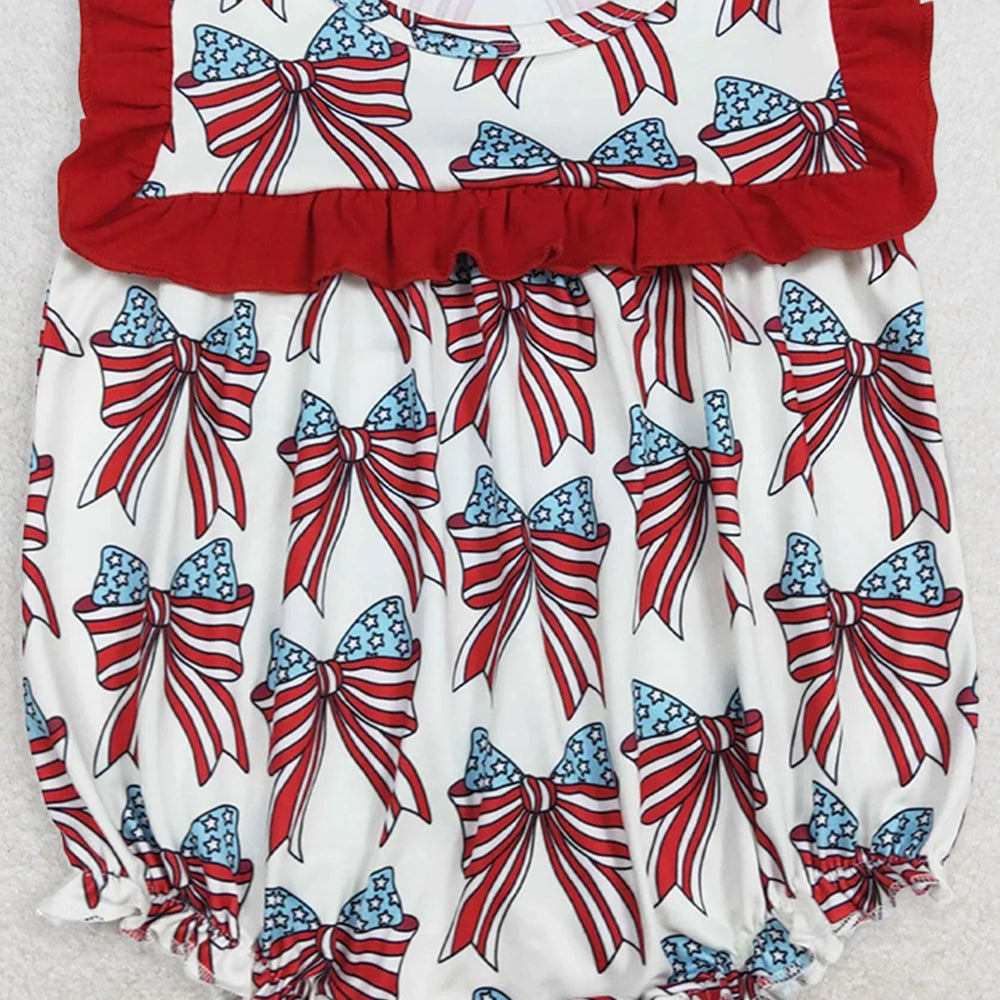 SR2664RTS NO MOQ  Baby Girls Summer Rompers Red Ruffle Stars And Stripes Bow Baby Girls 4th of July Romper Cute Patriotic Outfit for Little Ones