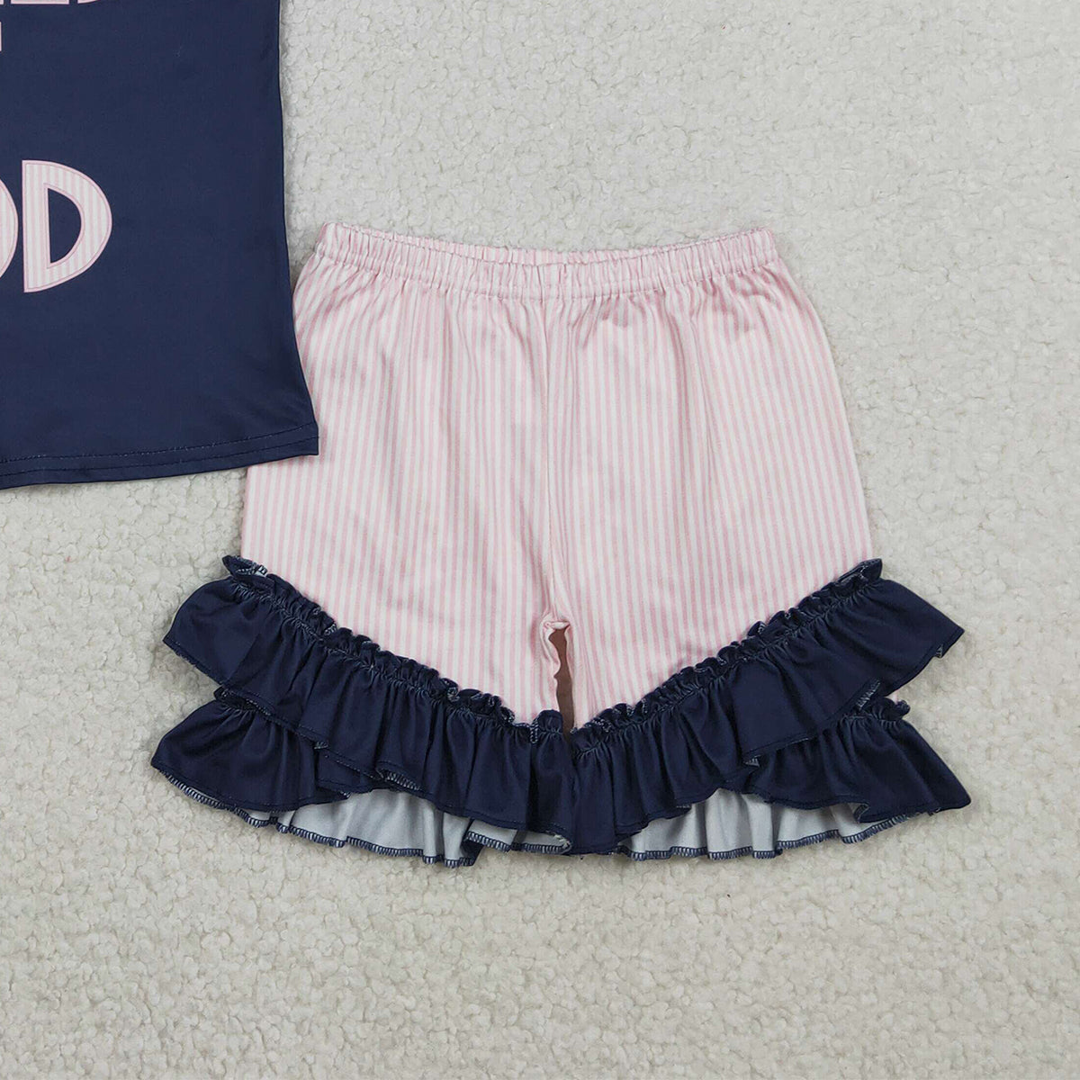 2.3 RTS NO MOQ （In stock）GSSO2933 Baby Girls Flutter Sleeve Child of God Top Ruffle Shorts Clothes Sets