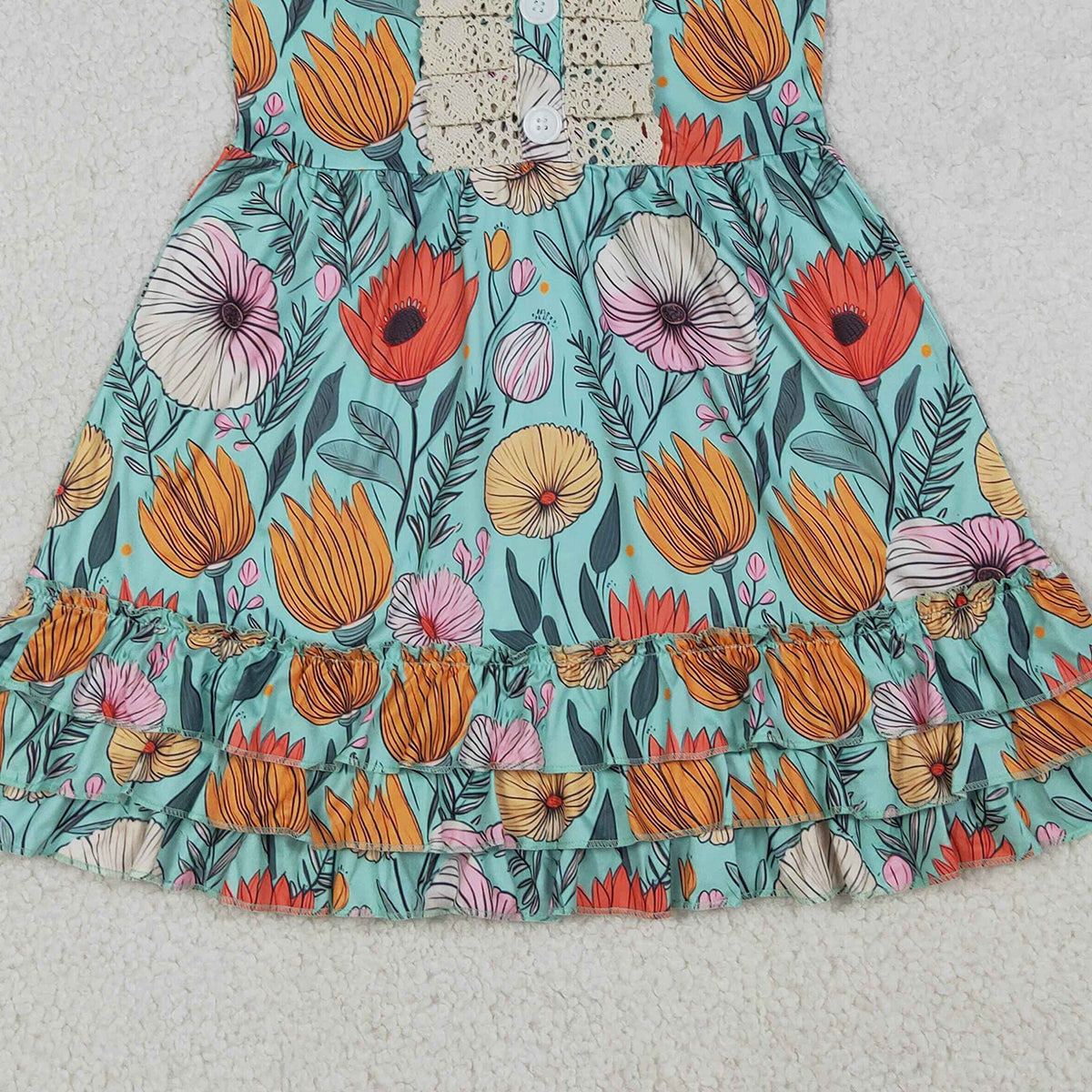 4.11 GSD4093 RTS NO MOQ （In stock ）Baby Girls Flutter Sleeve Colorful Flowers Button Ruffle Knee Length Dresses