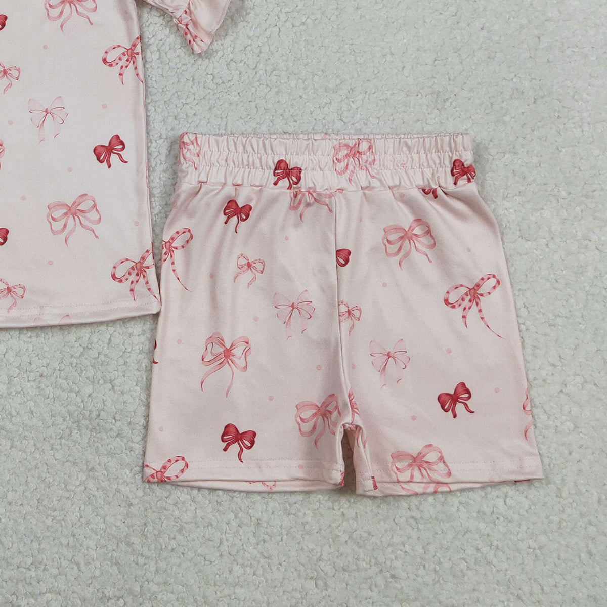 1.27 RTS NO MOQ （In stock）GSSO2996 Baby Girls Pink Bows Top Ruffle Shorts Pajamas Clothes Sets