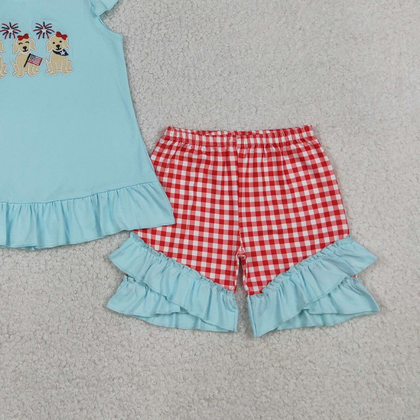 GSSO3356 RTS NO MOQ （In stock）Flutter sleeves dog flag embroidery girls 4th of july set