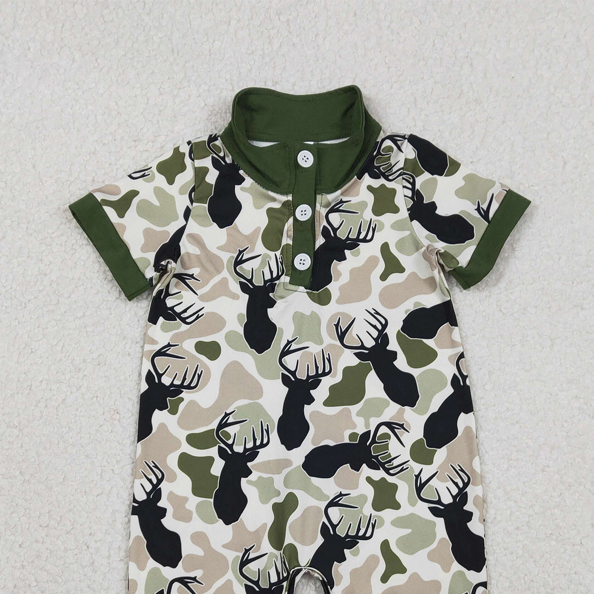 1.6 RTS NO MOQ （In stock）SR3636 Baby Boys Rompers Baby Boys Green Deer Camo Button Southern Hunting Rompers