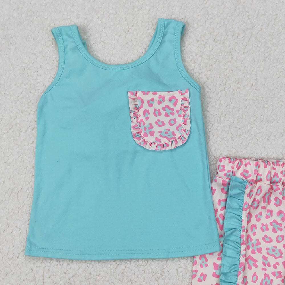 4.25 GSSO1784  RTS NO MOQ Leopard pocket sleeveless mint top ruffle shorts girls clothes