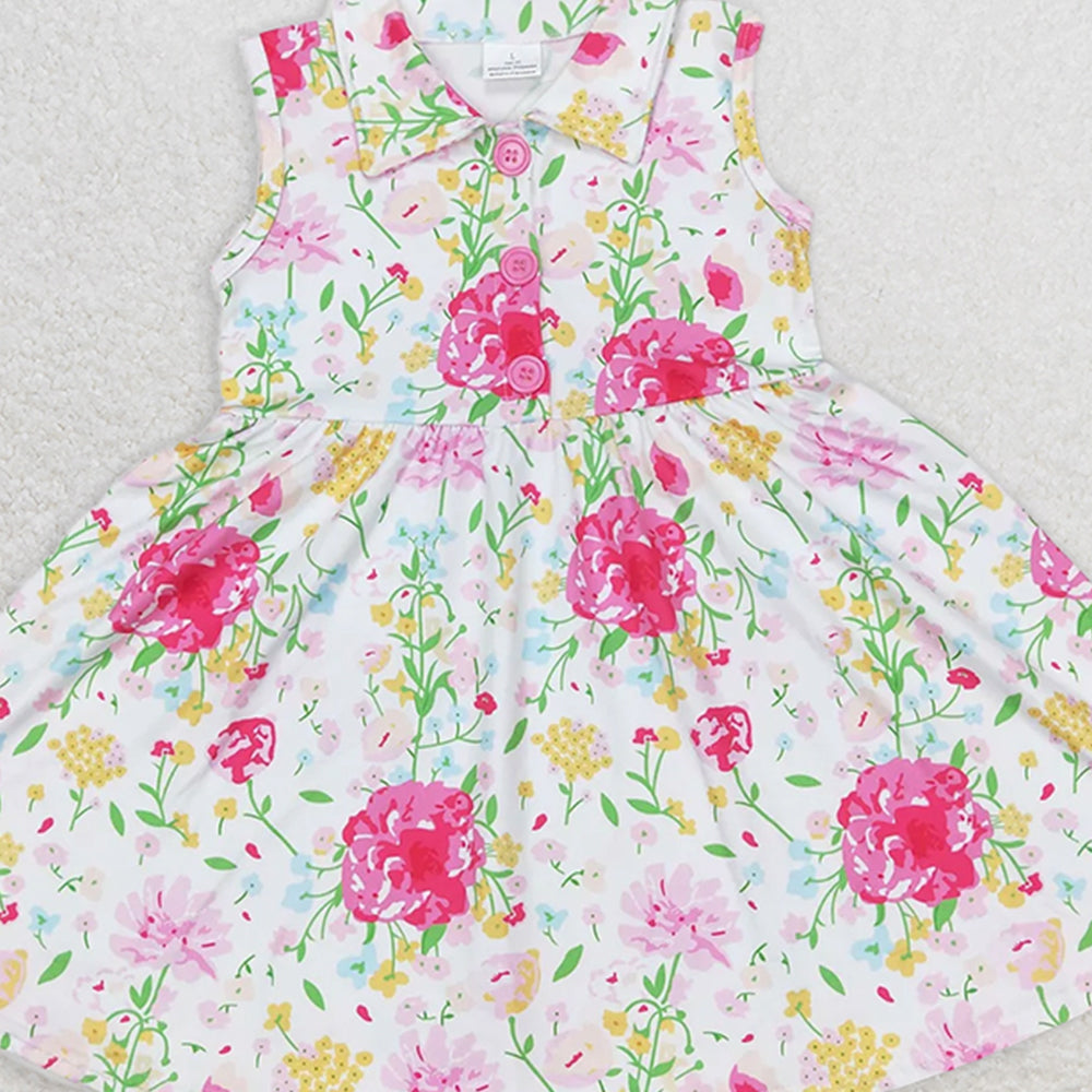 GSD0546 RTS NO MOQ Baby Girls Summer Dress  Baby Girls Pink Flowers Sleeveless Spring Knee Length Dresses