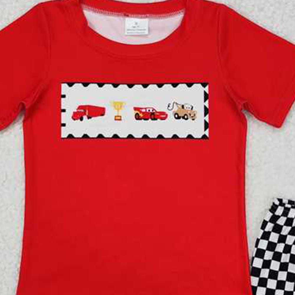 5.16  BSSO1079 RTS NO MOQ Red cars top black plaid shorts boys clothes