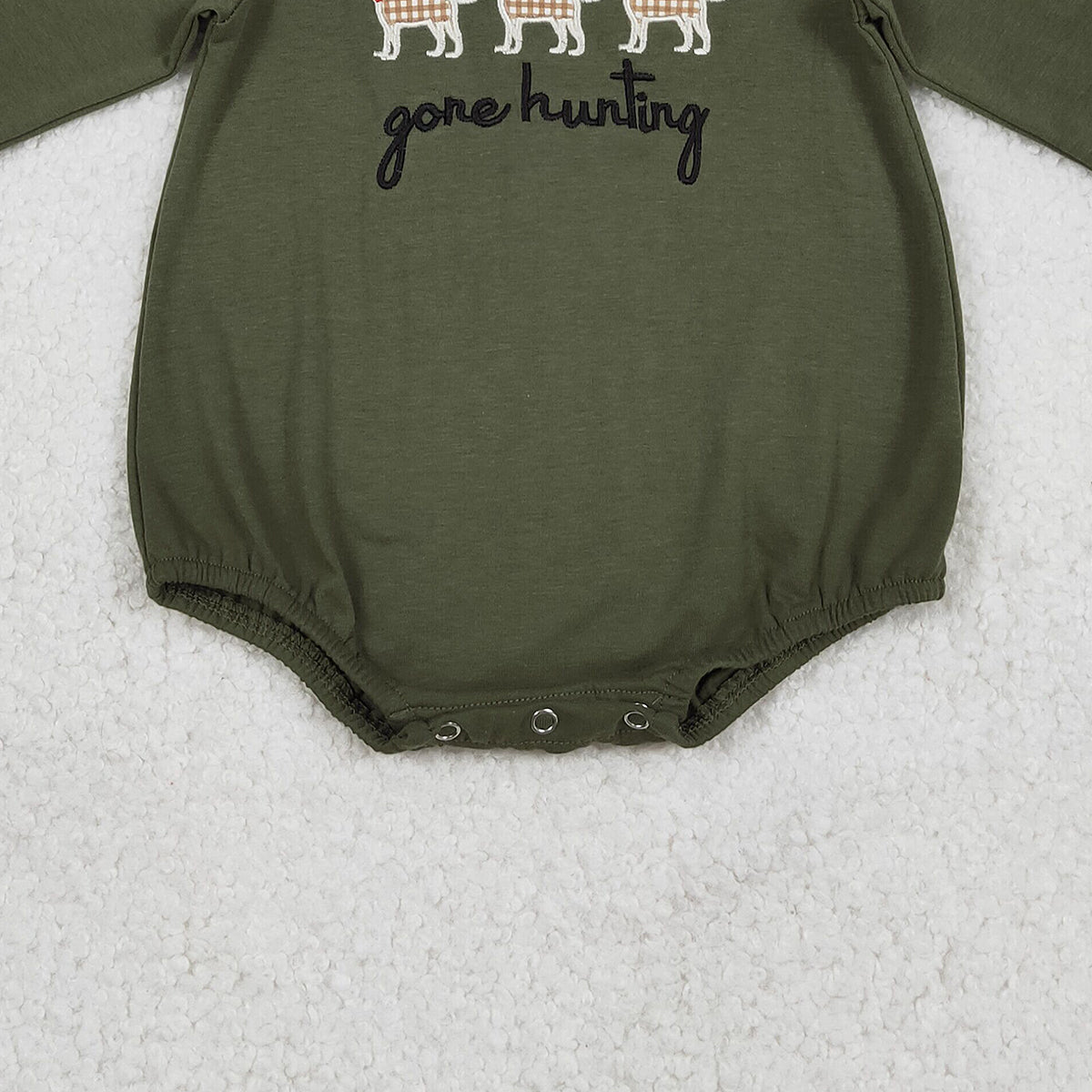 12.16 RTS NO MOQ （In stock）LR2836 Baby Girls Winter Rompers Embroidery Gone Hunting Dogs Baby Boys Olive Rompers