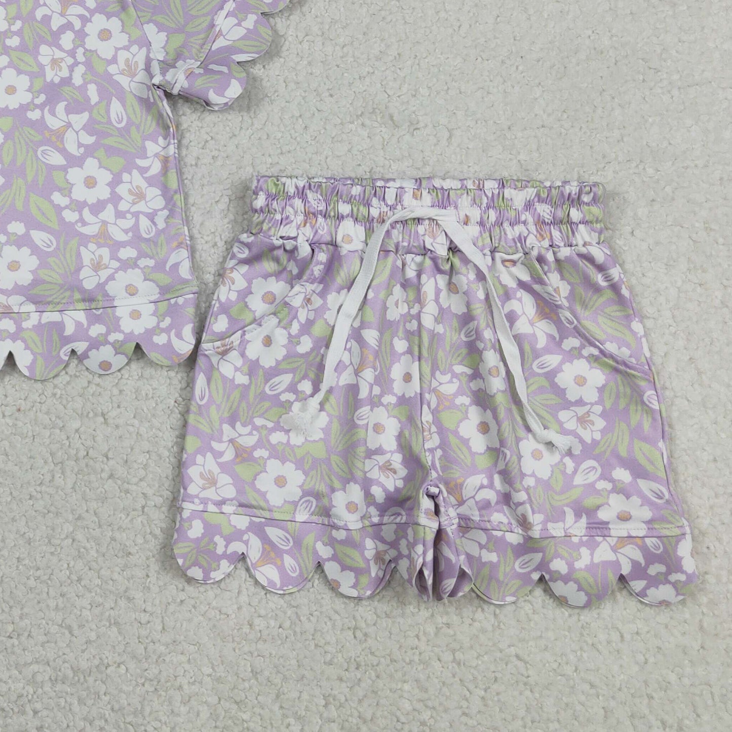 GSSO3265 RTS NO MOQ （In stock ）Lavender white floral scallop girls summer clothes