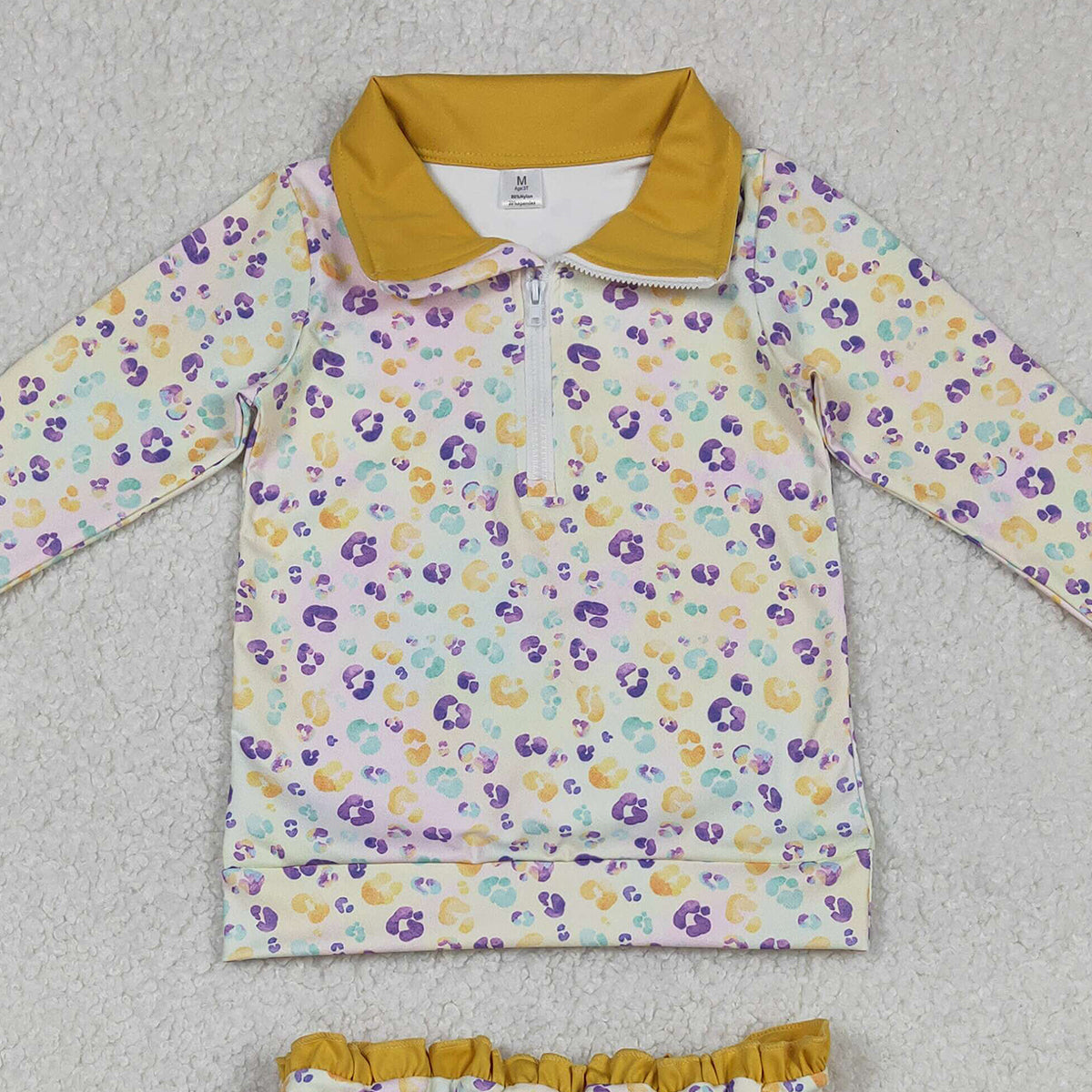 12.8 RTS NO MOQ （In stock）GLD1365 Baby Girls Mardigras Leopard Zipper Pullovers Skirt Shorts Yoga Active Clothes Set