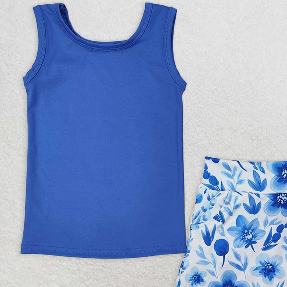 GSD1595RTS NO MOQ Children Clothes Girls Yoga Outfits Baby Girls Blue Vest Flowers Pocket Skirt Skort Active Wear Clothes Sets