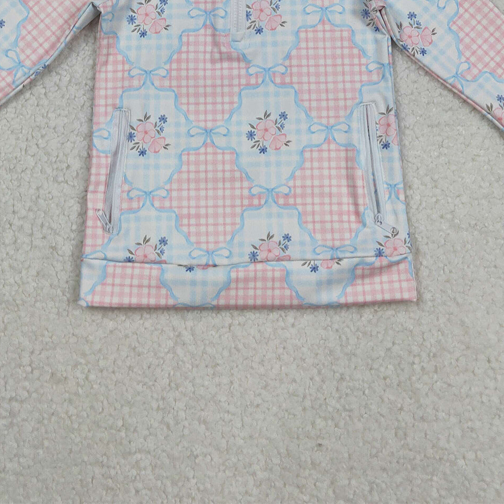 RTS NO MOQ （In stock）GT1062 Baby Girls Long Sleeve Tops Pink Flowers Plaid Pockets Zipper Yoga Active Pullovers Top