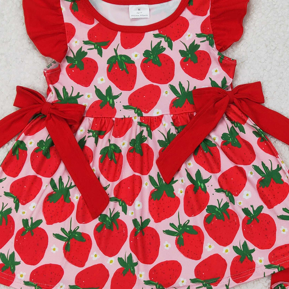 GSSO2023 RTS NO MOQ Flutter sleeves strawberry tunic red shorts girls clothes