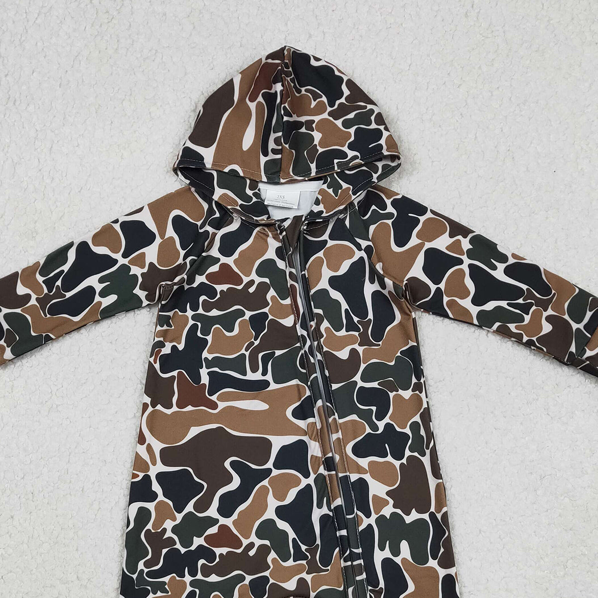 12.9 RTS NO MOQ （In stock）LR2815 Baby Boys Southern Dark Brown Camo Hoodie Two Way Zip Convertible Rompers