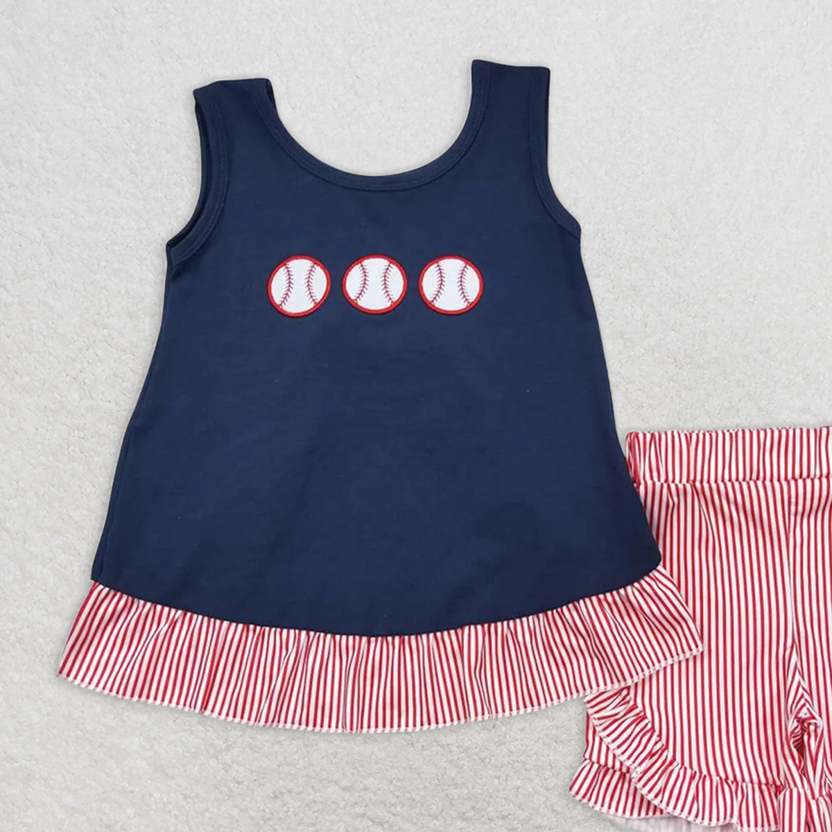 GSSO0405RTS NO MOQ Baby Girls Summer Outfits Sleeveless baseball tunic stripe shorts kids girls clothing