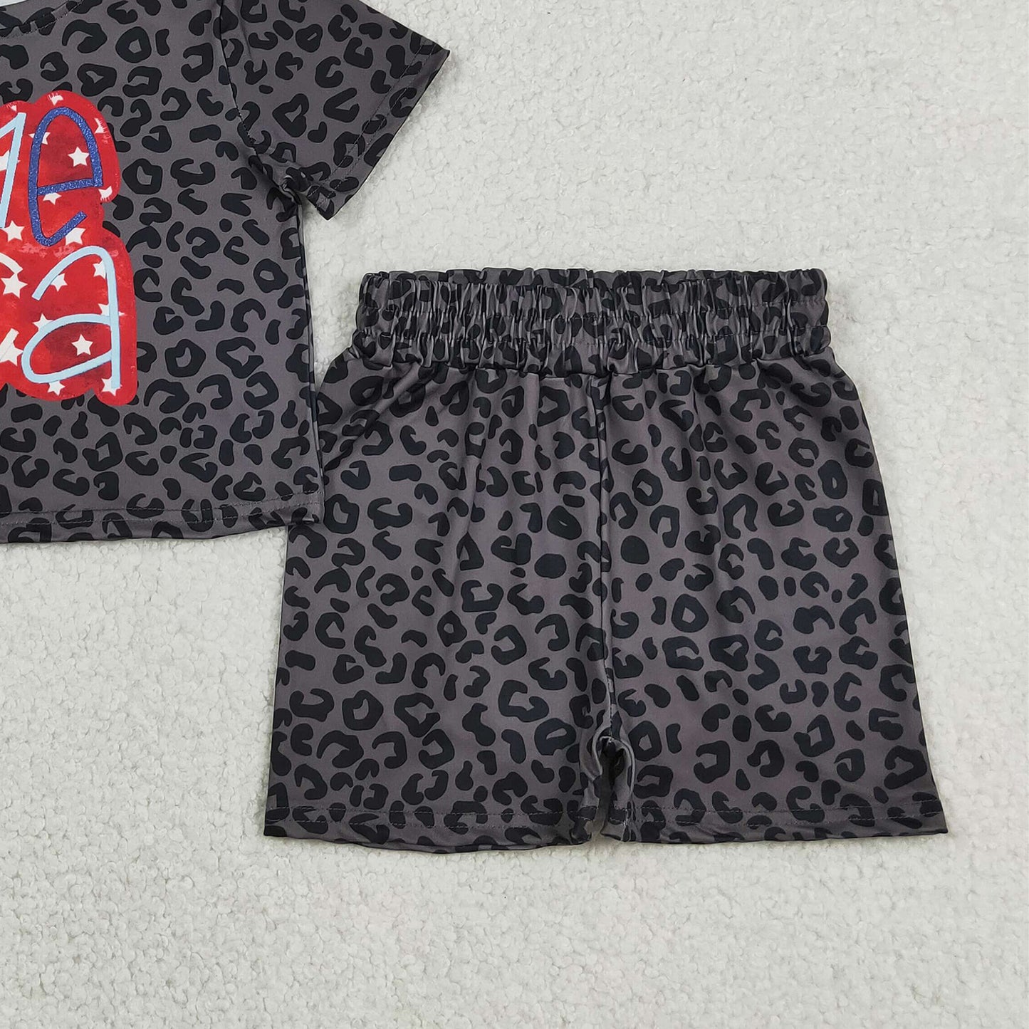 GSSO2576 RTS NO MOQ （In stock ）Short sleeves black leopard America girls 4th of july set
