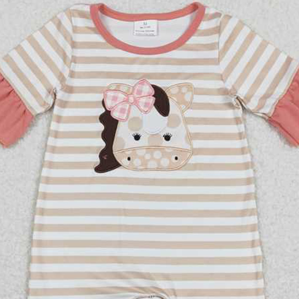 4.18 SR0674 RTS NO MOQ Ruffle khaki stripe cows baby girls summer romper