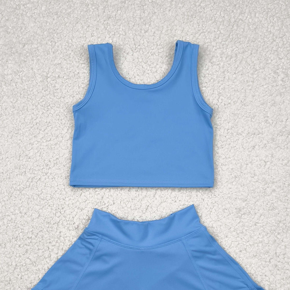 6.04   GSD1985RTS NO MOQ Baby Girls Yoga Outfits  Light blue sleeveless top skirt kids girls active wear set