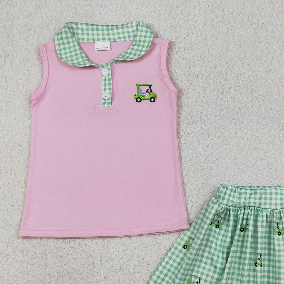 1.16 RTS NO MOQ （In stock）GSD3120 Embroidery Golf Trucks Baby Girls Button Top Checked Skirt Shorts Clothes Sets