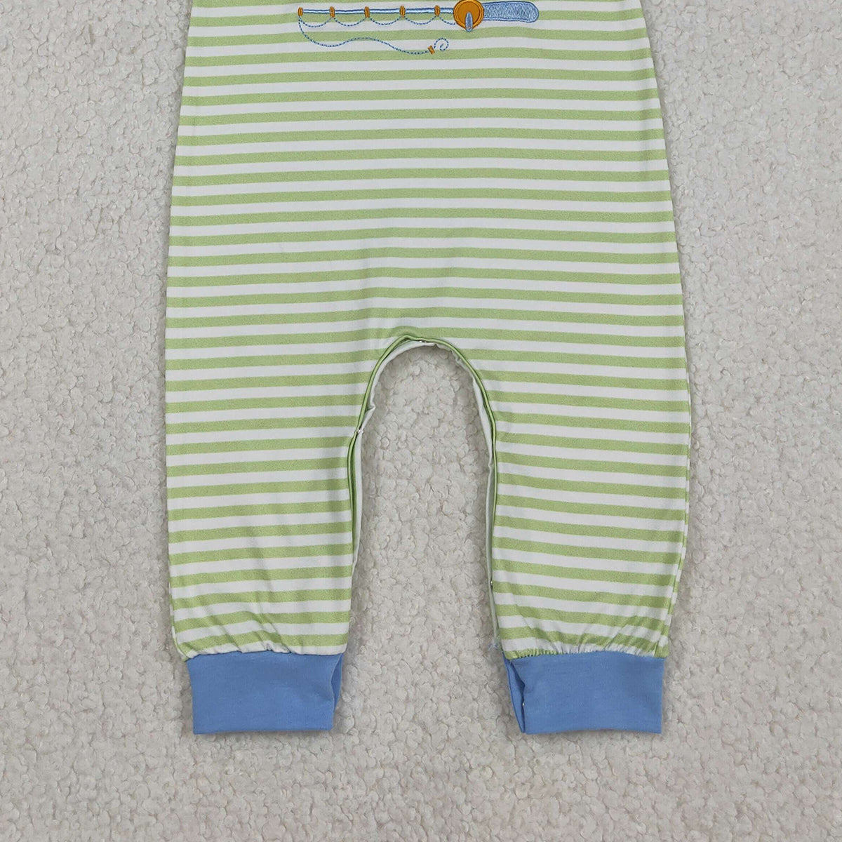 12.6 RTS NO MOQ （In stock）SR3329 Baby Boys Rompers Embroidery Fishing Baby Boys Stripe Hunting Footie Rompers
