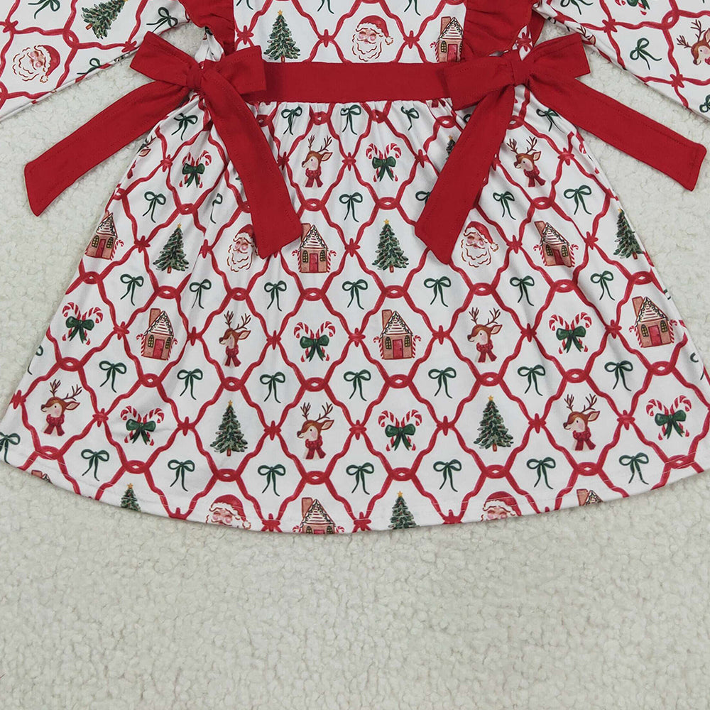 RTS NO MOQ （In stock）GLD1158 Baby Girls Winter Dress Baby Girls Christmas Deers Bows Trees Knee Length Dresses