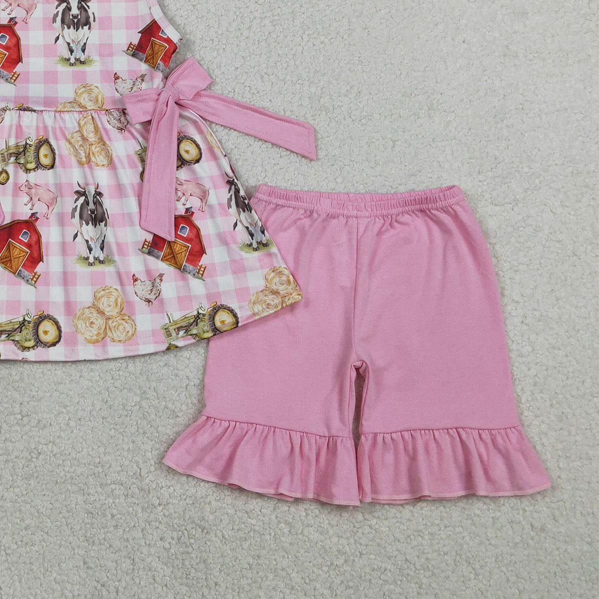 2.4 RTS NO MOQ （In stock）GSSO3100 Baby Girls Sleeveless Pink Checked House Cows Tunic Ruffle Shorts Farm Clothes Sets