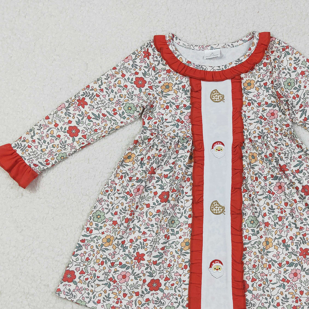 RTS NO MOQ （In stock）GLD1062 Baby Girls Winter Dress Floral Cookie Santa Girls Long Sleeve Christmas Dress Festive Holiday