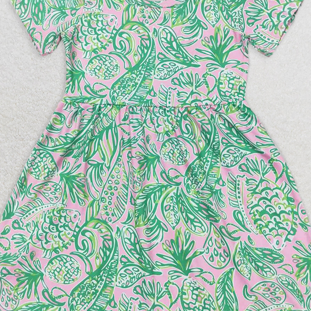 GSD1113  RTS NO MOQ Baby Girls Summer Dress Seaweed pattern pastel green short-sleeved dress