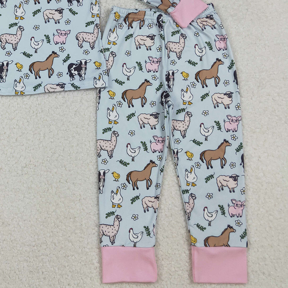 10.10 RTS NO MOQ （In stock）GLP2564 Baby Girls Winter Outfits Baby Girls Long Sleeves Cows Chicks Top Pant Farm Pajamas Sets