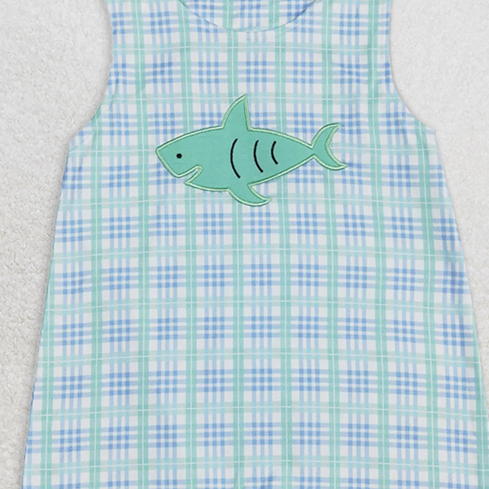 SR0651 RTS NO MOQ Baby Boys Summer Rompers Baby Infant Boys Toddler Shark Blue Checkered Short Sleeve Rompers