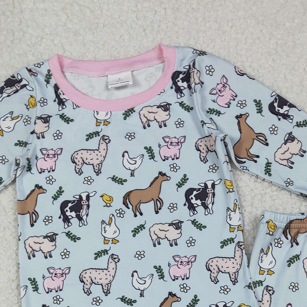 10.10 RTS NO MOQ （In stock）GLP2564 Baby Girls Winter Outfits Baby Girls Long Sleeves Cows Chicks Top Pant Farm Pajamas Sets