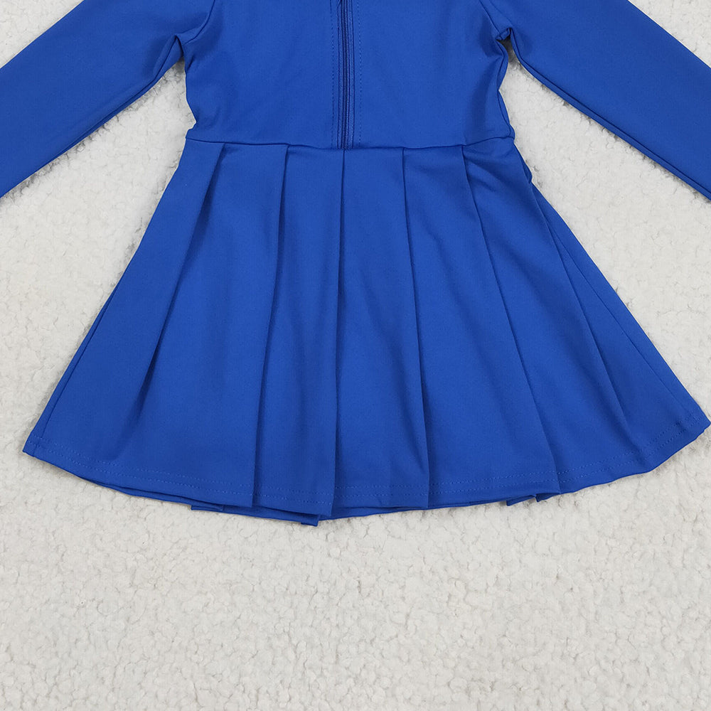 RTS NO MOQ （In stock）GLD1144 Baby Girls Yoga Dress Baby Girls Hot Blue Long Sleeves Zipper Knee Length Dresses