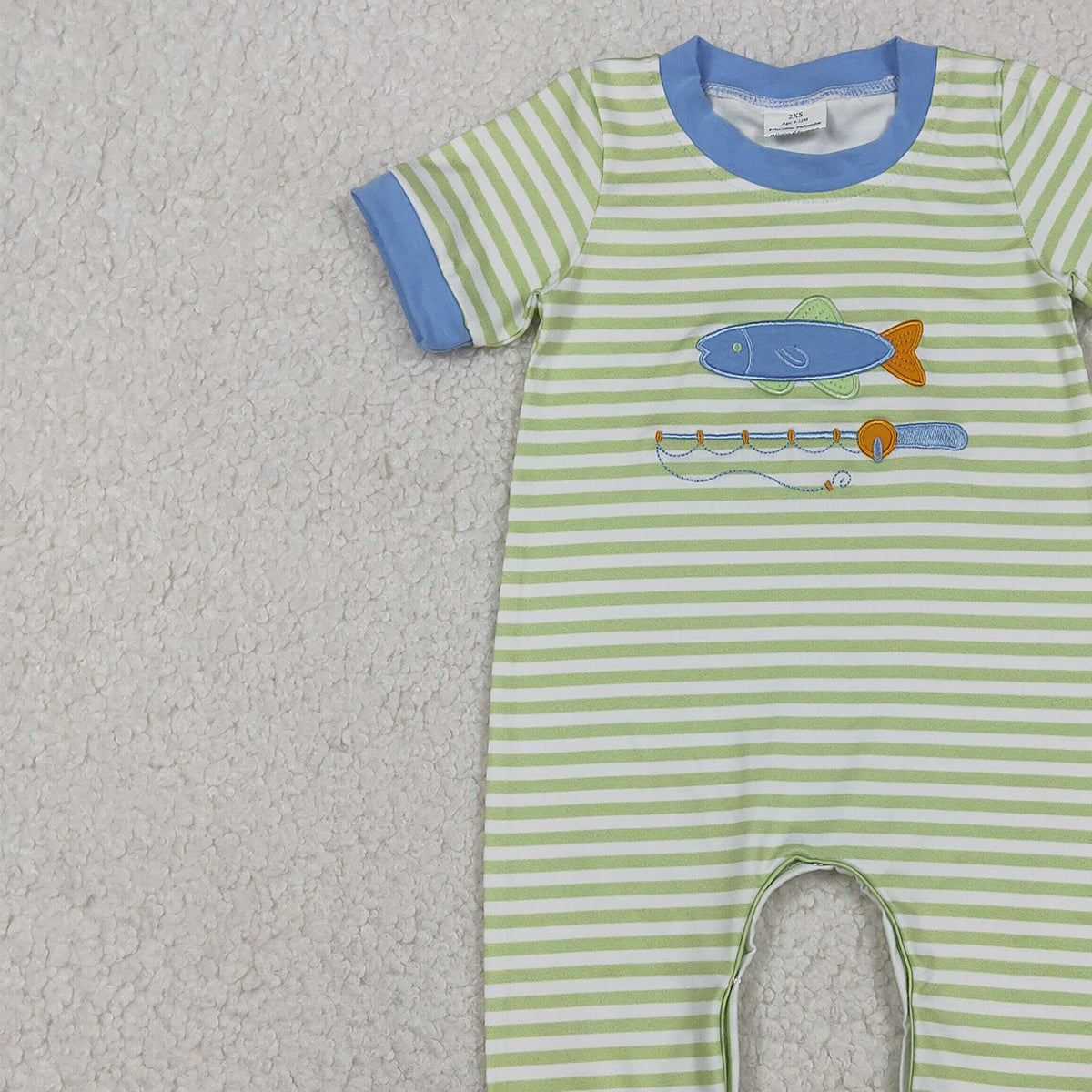 12.6 RTS NO MOQ （In stock）SR3329 Baby Boys Rompers Embroidery Fishing Baby Boys Stripe Hunting Footie Rompers