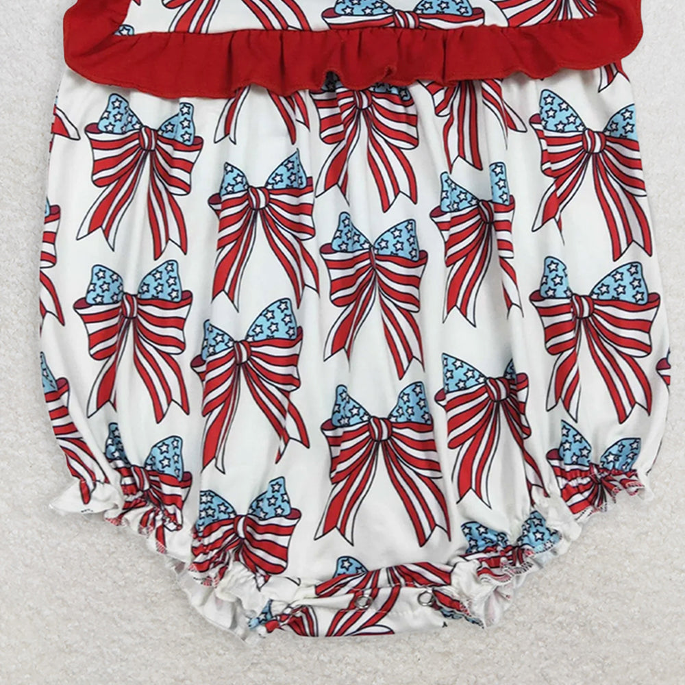 SR2664RTS NO MOQ  Baby Girls Summer Rompers Red Ruffle Stars And Stripes Bow Baby Girls 4th of July Romper Cute Patriotic Outfit for Little Ones