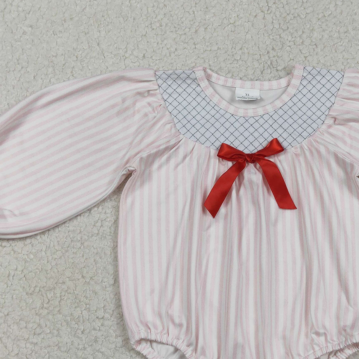 12.29 RTS NO MOQ （In stock）LR2773 Baby Girls Winter Rompers Embroidery Checked Baby Girls Pink Stripe Bows Ruffle Rompers