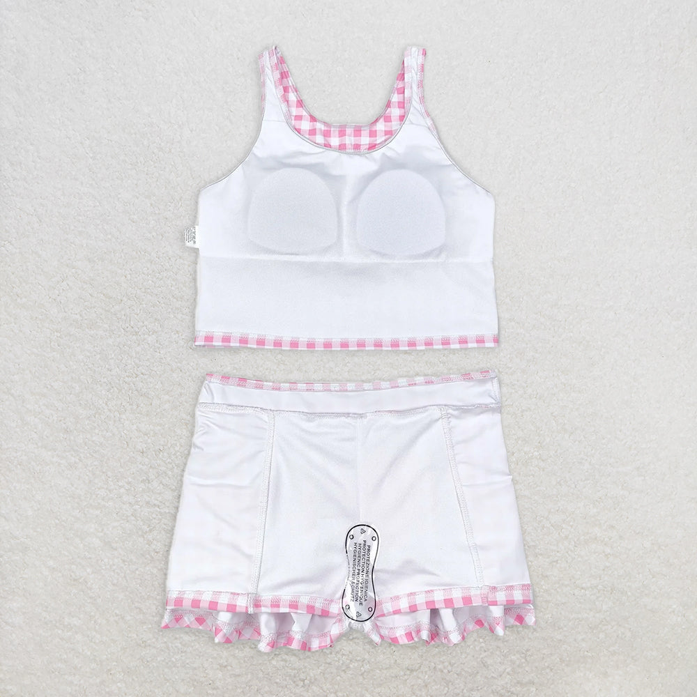 GSD0992 RTS NO MOQ Baby Girls Yoga Outfits  Baby Girls Summer Pink Checkered Top Skirts Clothes Sets Preorder
