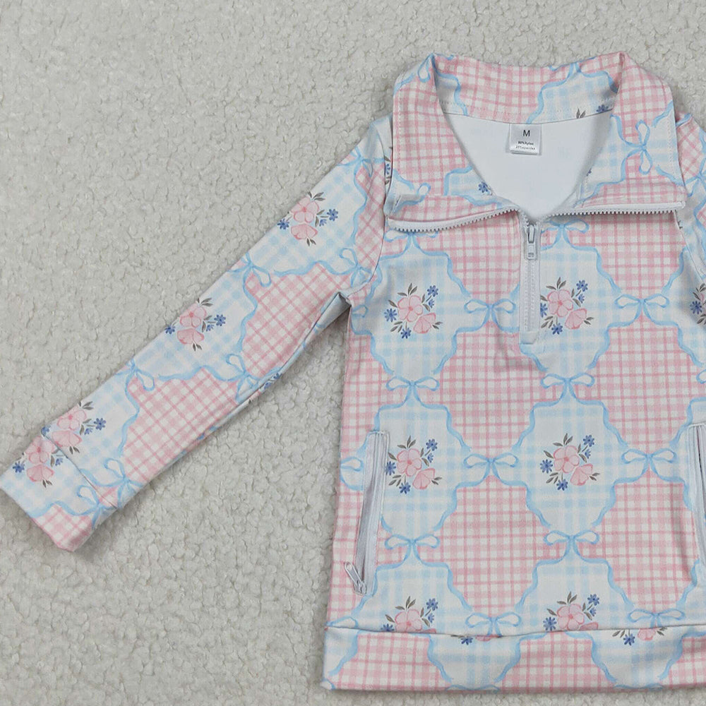 RTS NO MOQ （In stock）GT1062 Baby Girls Long Sleeve Tops Pink Flowers Plaid Pockets Zipper Yoga Active Pullovers Top