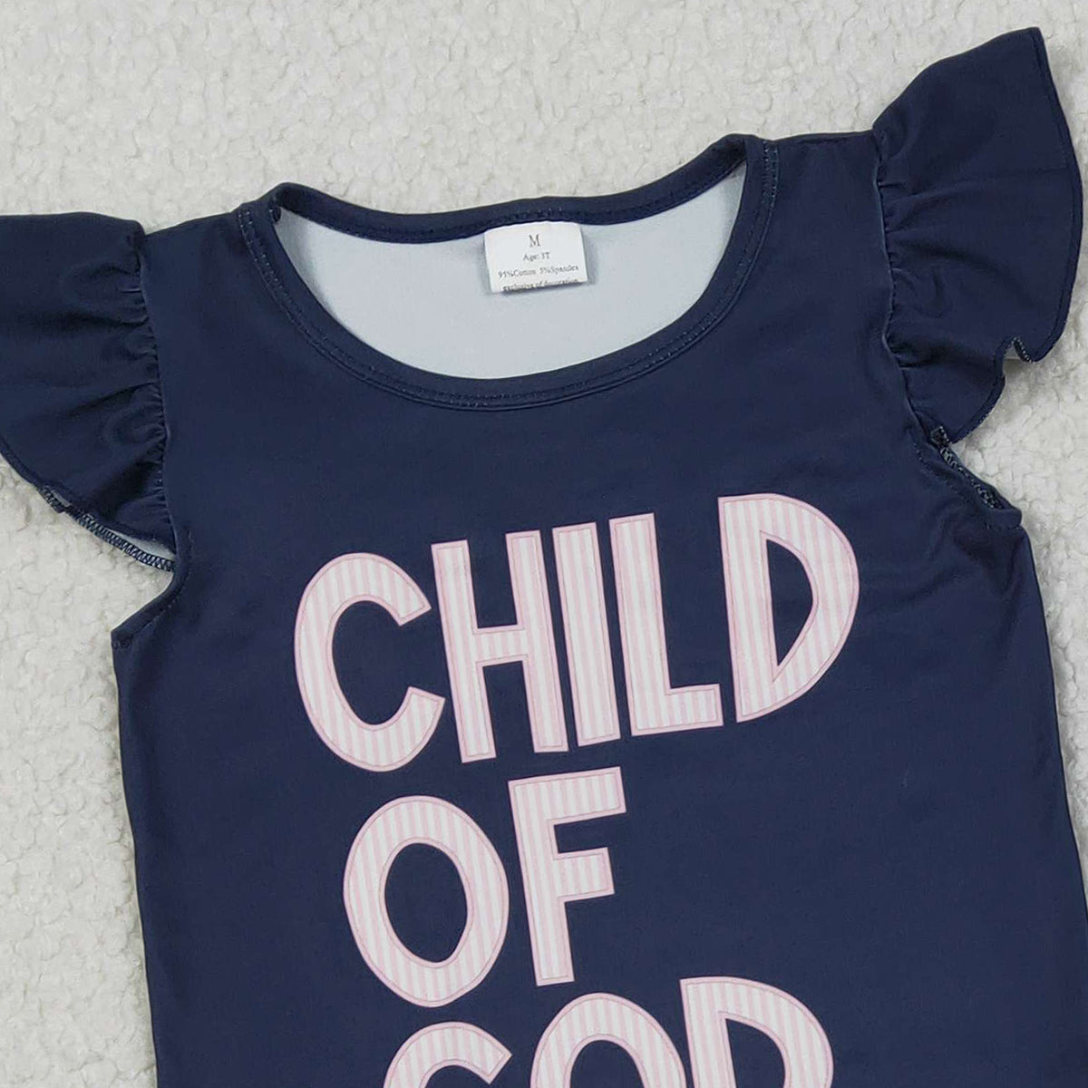 2.3 RTS NO MOQ （In stock）GSSO2933 Baby Girls Flutter Sleeve Child of God Top Ruffle Shorts Clothes Sets